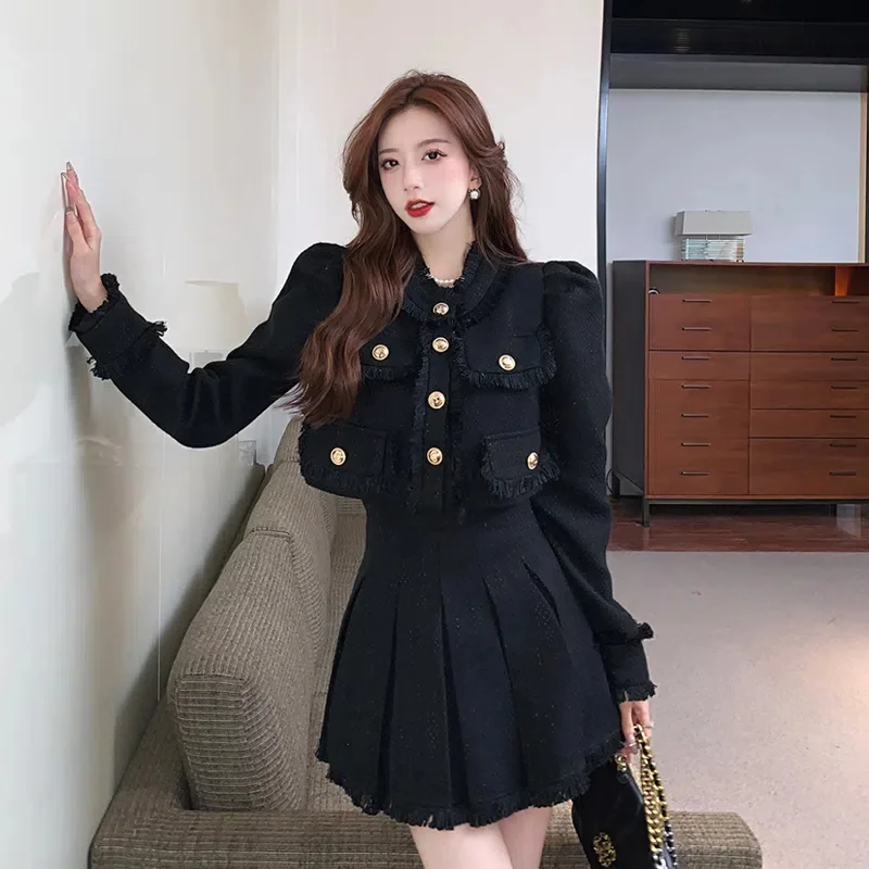  Tweed Women Black Vintage Office Lady Single Breasted Blazer Female Casual Slim Short Blazer Coats Tweed Jacket Black Tops