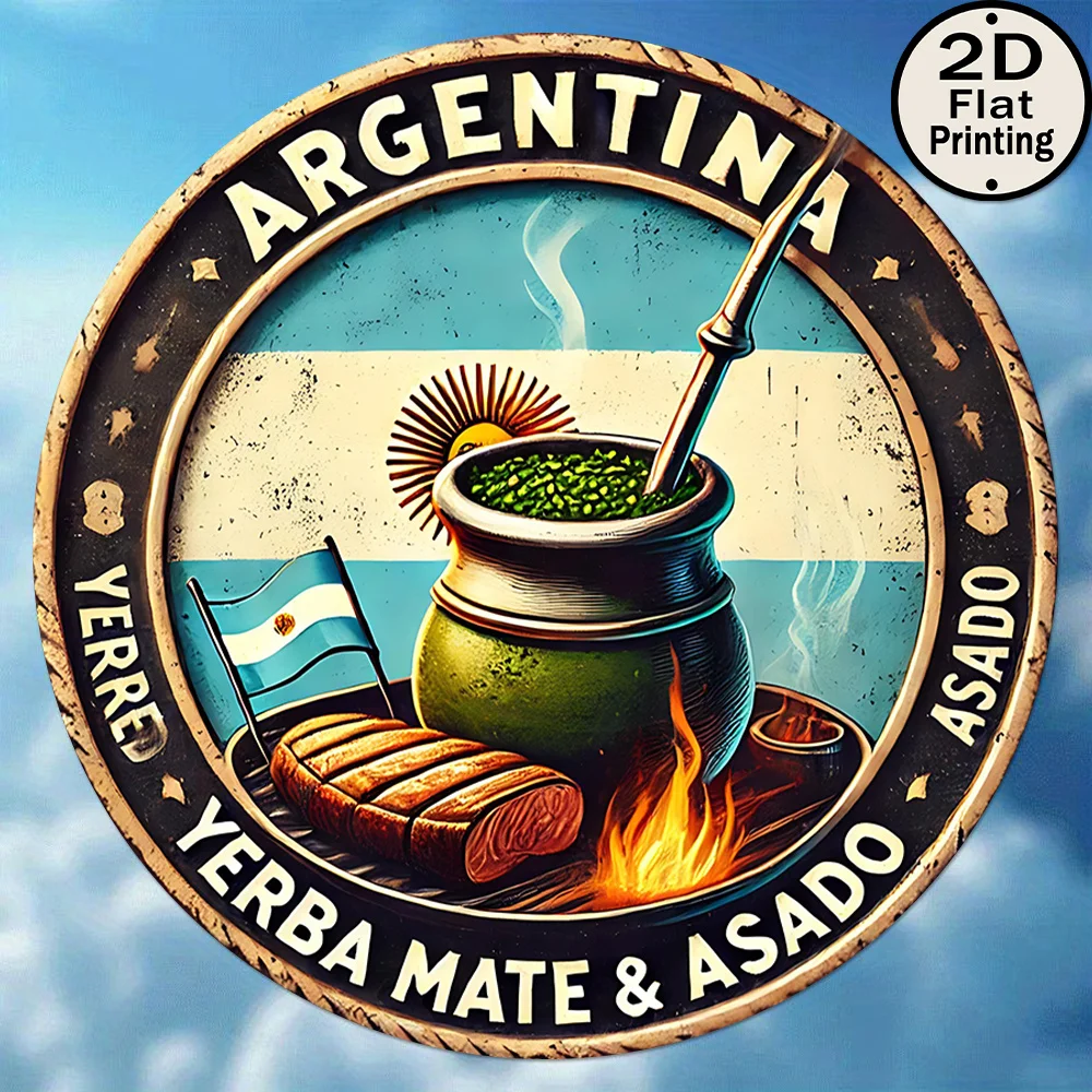 [2D Flat] 1pc Vintage Argentinian Yerba Mate & Asado Aluminum Wall Art - 8x8 Inch Round Tin Sign with Traditional BBQ Design