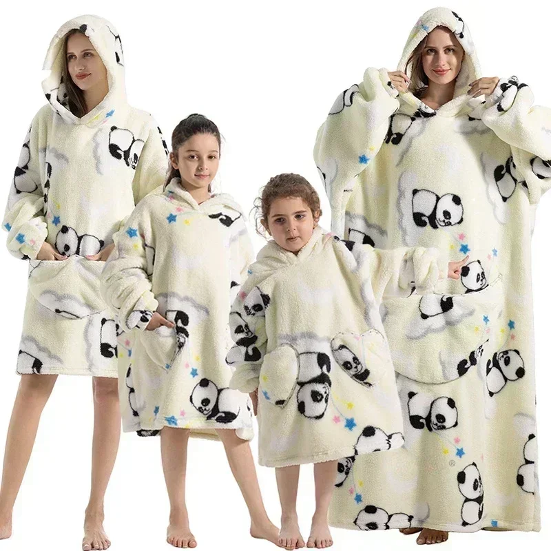 Super Long Oversized Winter Sherpa Blanket Plush Flannel Warm Family Matching Hoodie Christmas Homewear Avocado Women Sweatshirt image 3