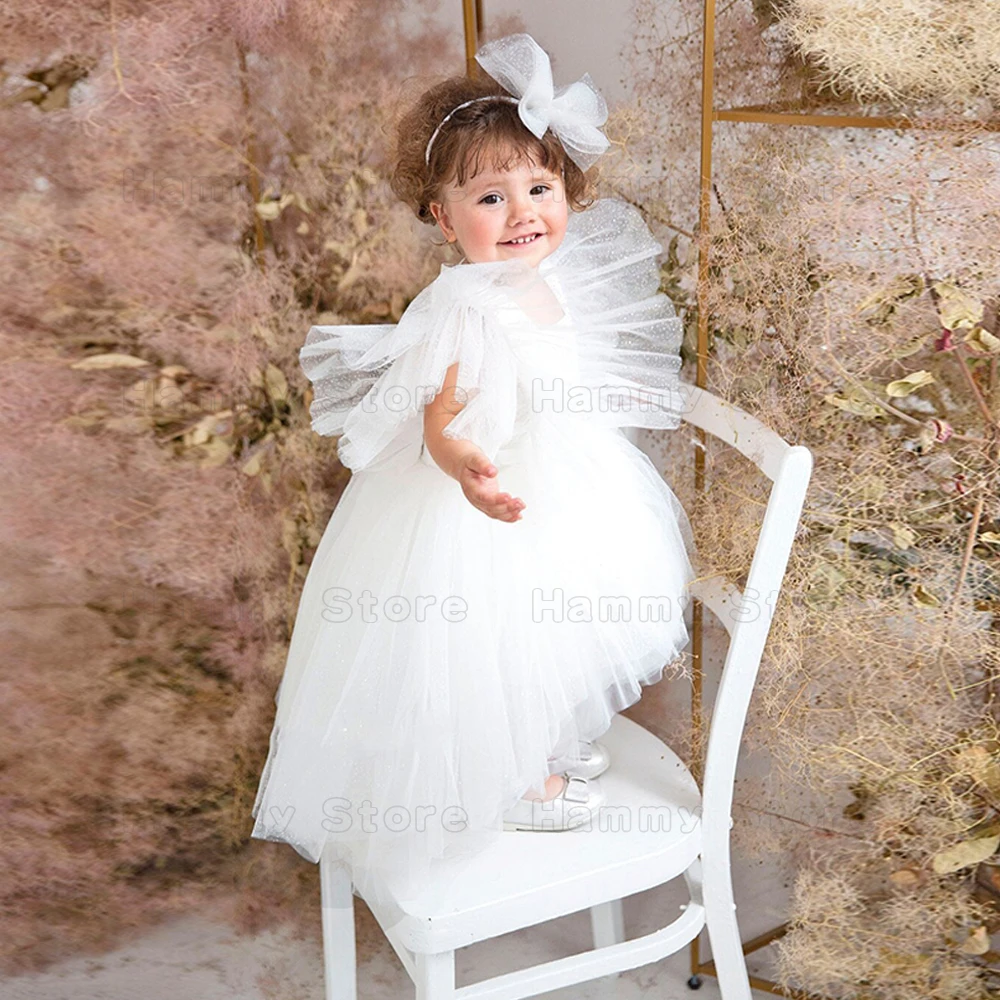 Vestido de flores con purpurina para niña, vestido de fiesta de manga corta con volantes para cumpleaños, vestido hinchado para primera comunión