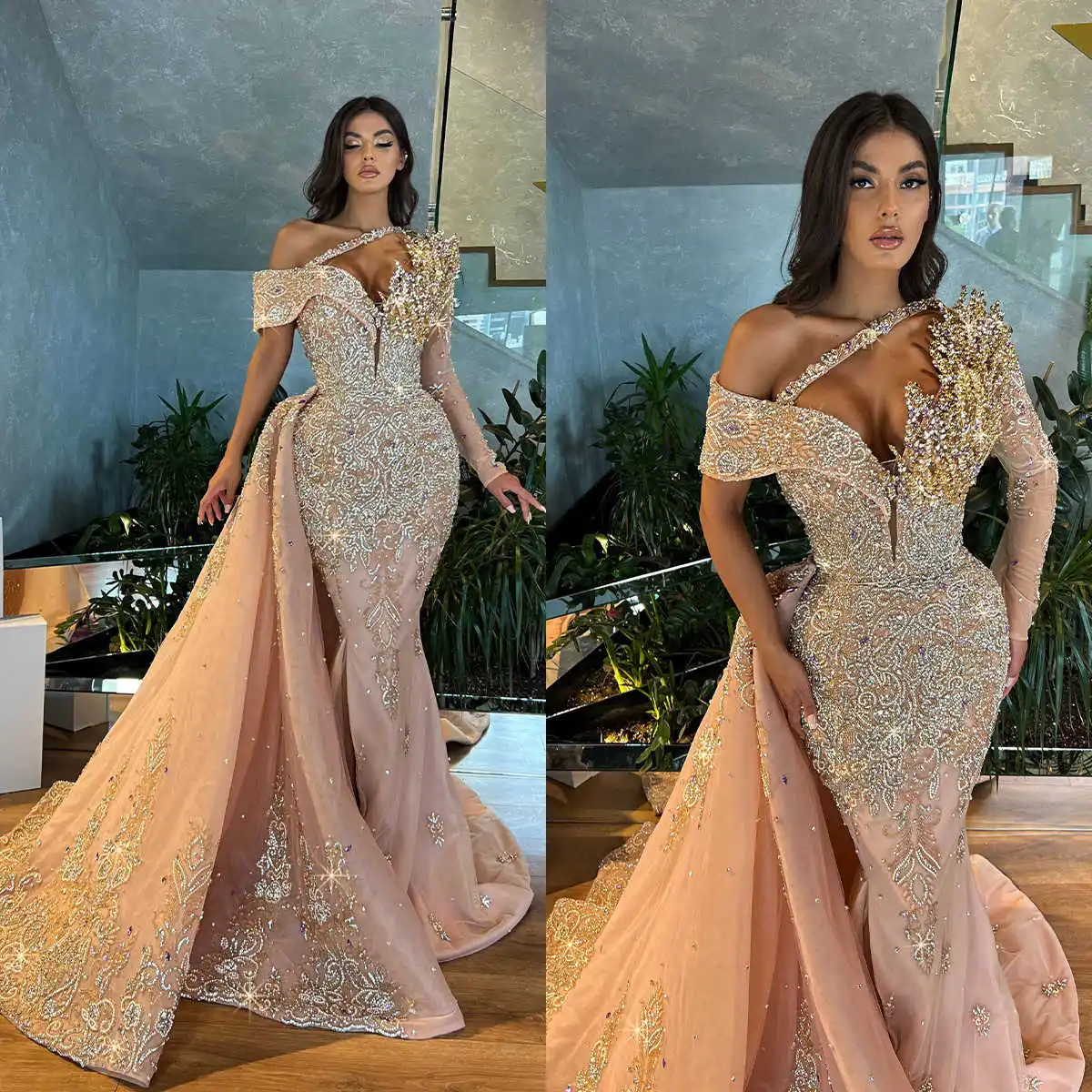 Mermaid Evening Dresses Designer Beads Appliques Detachable Train Backless Shining Prom Dress Vestido De Noite Customized