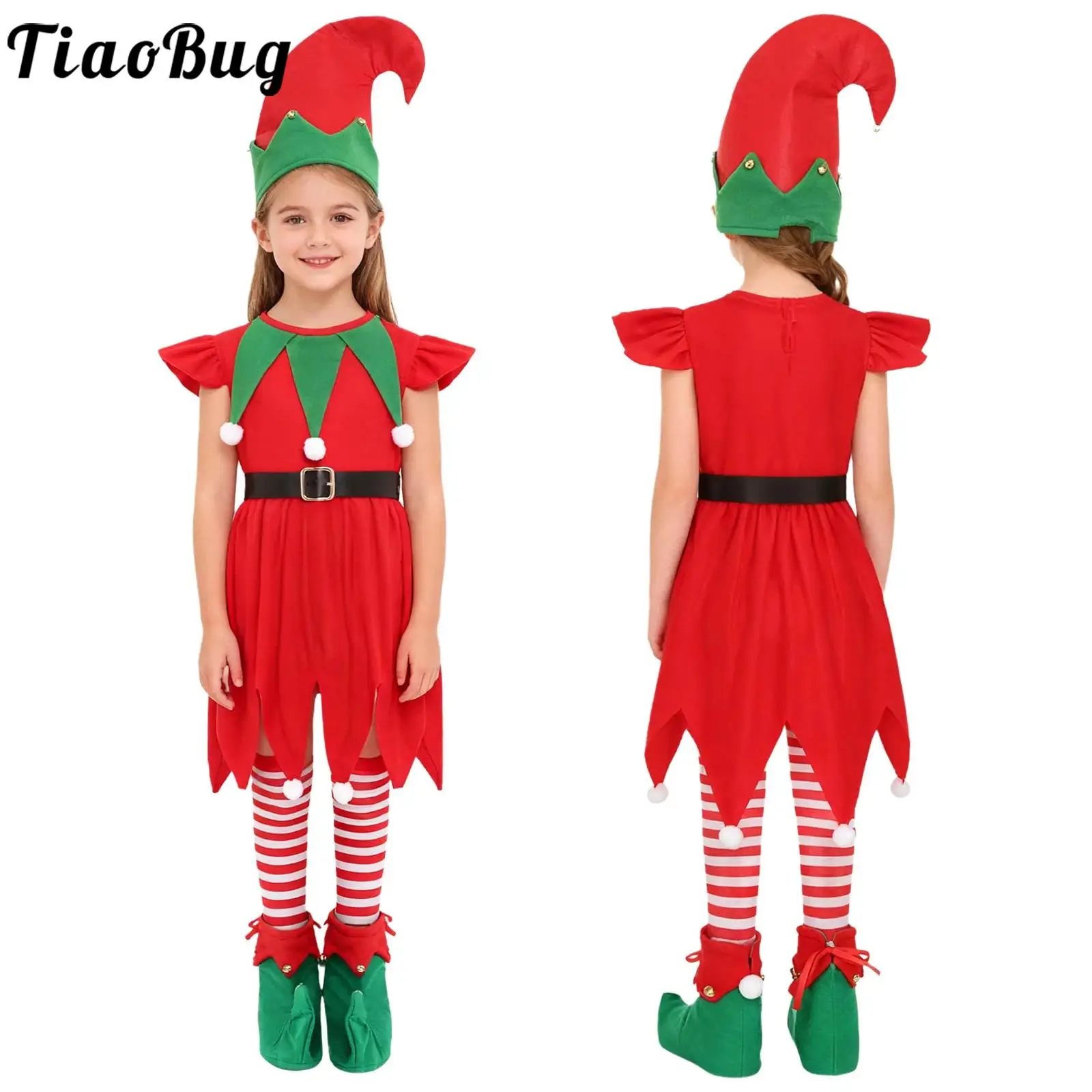 

Girls Christmas Elf Santa Helper Dress with Belt Long Socks Hat Elf Shoes Covers Holiday Xmas New Year Party Role Play Costume