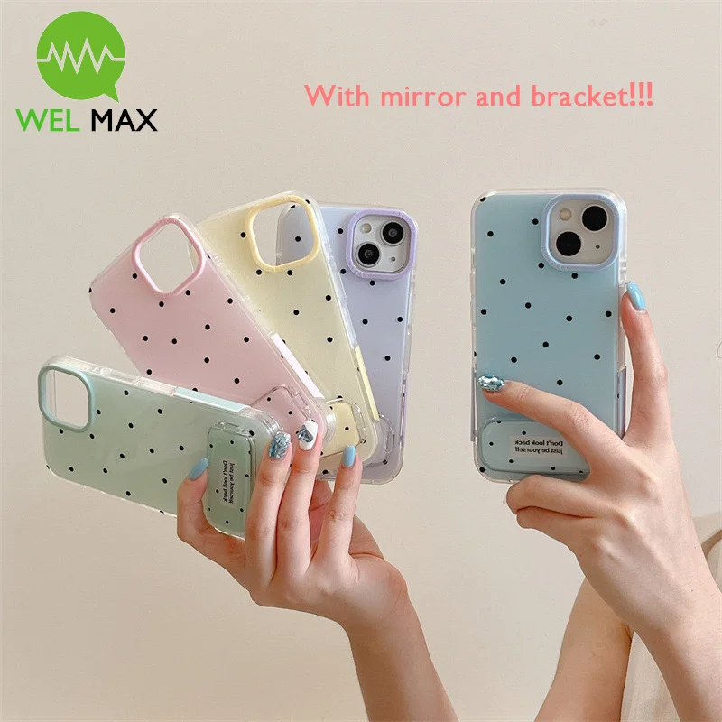 

Cute Wave Point Silicone phone case For iPhone 15 14 13 12 11 Pro Max with mirror and holder shockproof Anti-fall Soft shell