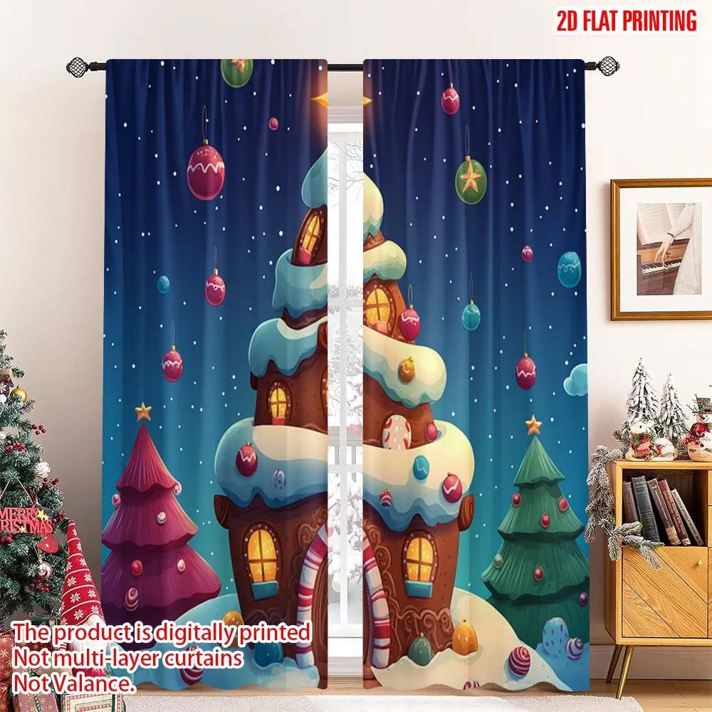 

2pcs 2D flat printing Merry Christmas Curtain Christmas Tree House (2) 100% Polyester Without Electricity 0 for Holiday Decor