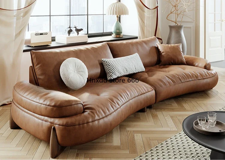 

Leather sofa home living room modern brown retro Italian minimalist small apartment creative sofa