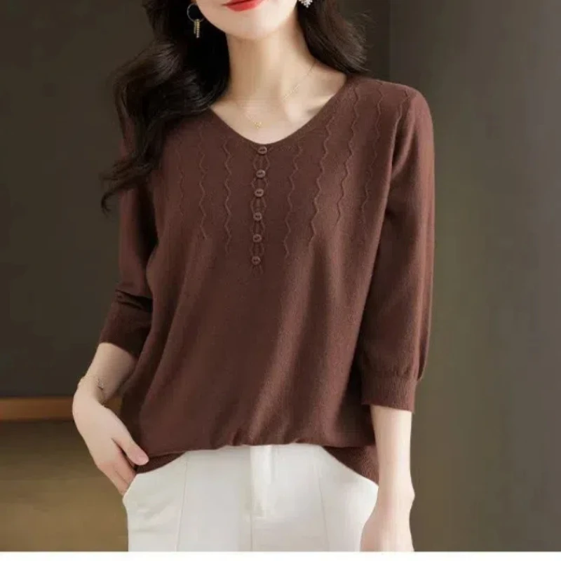 Spring Autumn Women\'s Clothing Solid Color Round Neck Pullover Sweater Knitted Casual Elegant Three Quarter Button Vintage Tops