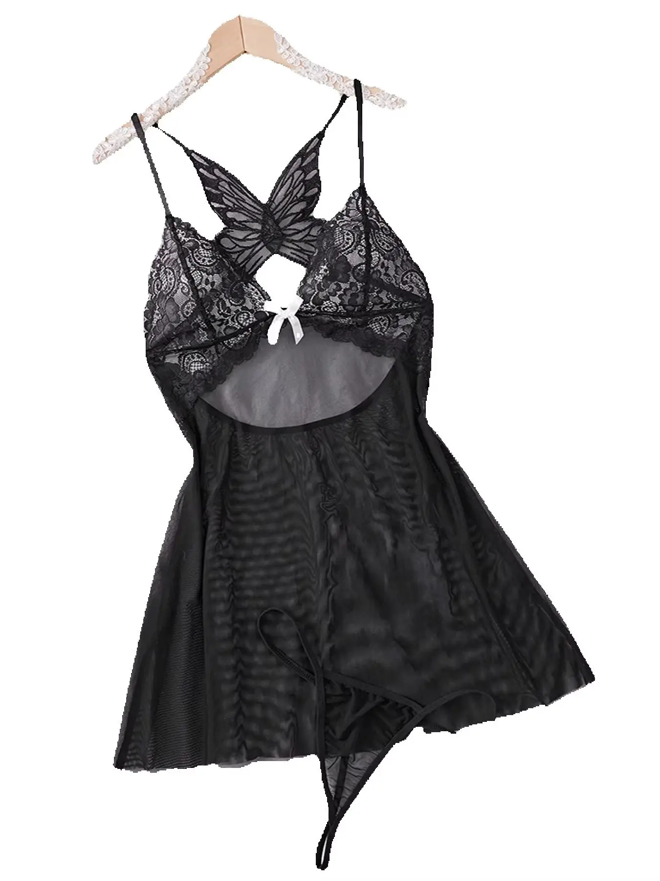 

Sexy Black Lace Babydoll Dress with Bow & Sheer Mesh - Spaghetti Strap Chemise Nightgown with Matching Thong, Elegant Lingerie S