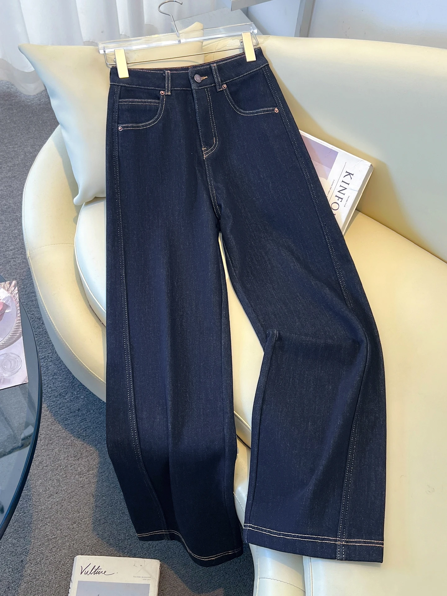 

Женские джинсы с высокой талией, утепленные флисом, прямого кроя, осенне-зимние, новинка, популярные широкие брюки из смесового хлопка, повседневные