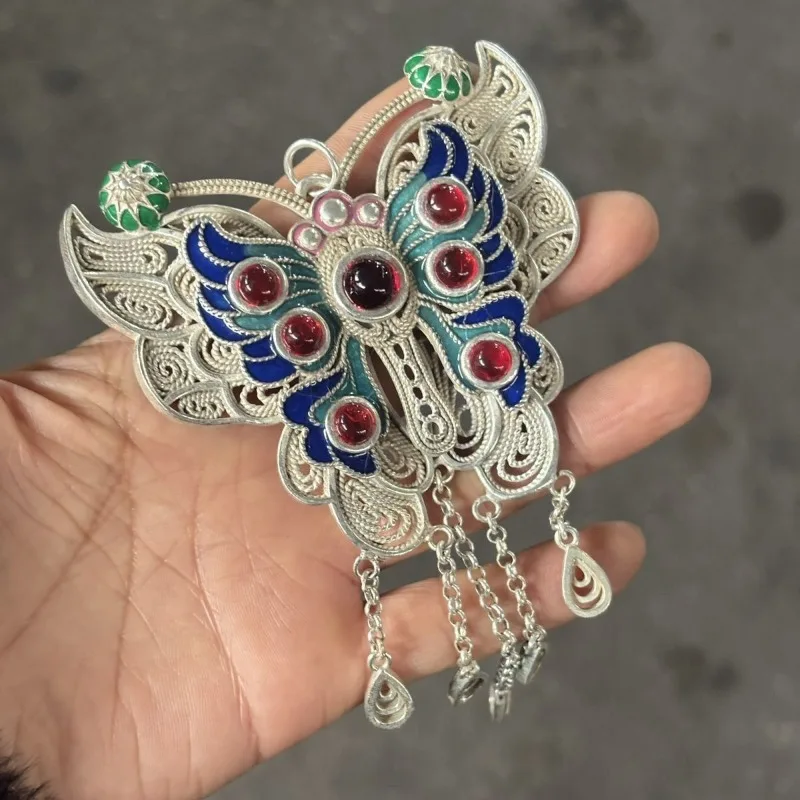 Vintage Cloisonne Butterfly Pendant Necklace, Filigree Craft Copper Tag, Hand Inlaid Exquisite Amulet Jewelry with Chain Unisex