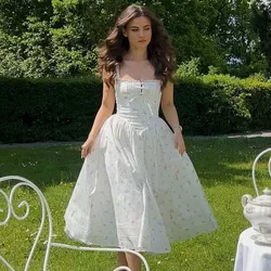 Sexy Elegant Women Lace Trim Floral Print Sling Dress Low Waist Fit And Flare Holiday Party Dresses Lacing Up Back Summer Robe