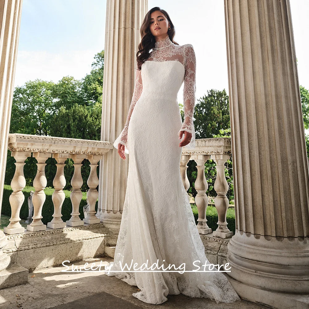 Abiti da sposa moderni a sirena in pizzo personalizzati collo alto maniche lunghe Sweep Train abito da sposa arabo Vestido Noiva