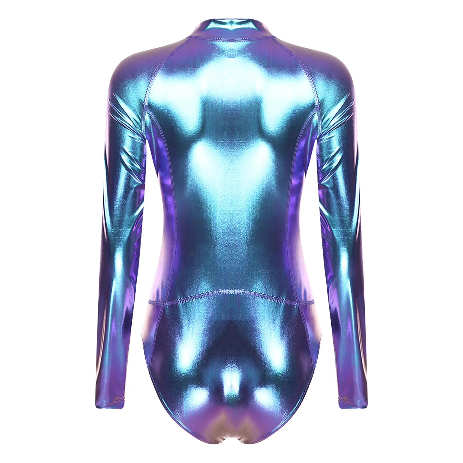 Womens Swimwear Metallic Shiny Bodysuit Swimming Suit Long Sleeve One-piece Bodycon Leotard for Nightclub Dance Beach Gymnastics