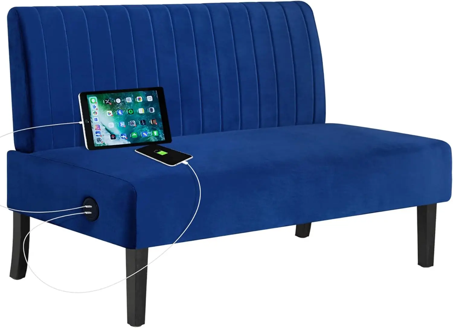 

Мини-удобный диван без подлокотников, двухместный диван с USB-портом, бархатные диваны для небольших помещений, гостиная, квартира, офис, общежитие, темно-синий