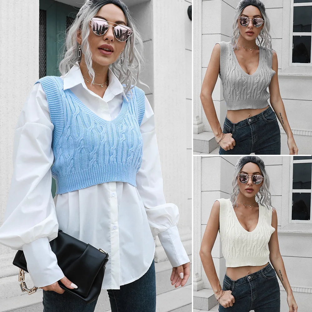 

Twist V-neck short vest sweater women's short vest wears outside and wears autumn and winter European and American sweaters new.