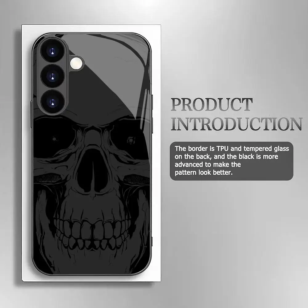 Black skull tempered glass phone case suitable for Samsung Galaxy S26 S25 S24 S23 S22 S20 FE/Ultra/Plus anti drop back cover
