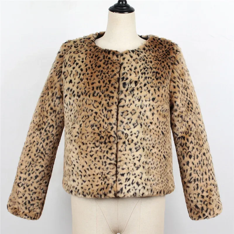 Stylish Leopard Fur Down Jacket Highstreet Short Round Neck Lady's Imitation Fur Jacket Winter Slim Fit  Fur Jacket For Female