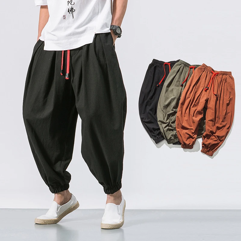 

1pcs Men's Fashion Cotton Linen Casual Solid Colored Loose Trousers Breathable Japanese Style Elastic Waist Harem Long Pants