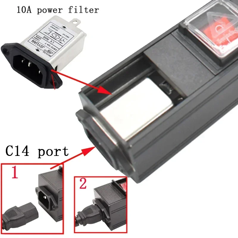 PDU Power Strip Distribution Unit Cabinet 2/4/6/8/10 Way  France Socket Break Switch Aluminum alloy shell iec C14 Interface