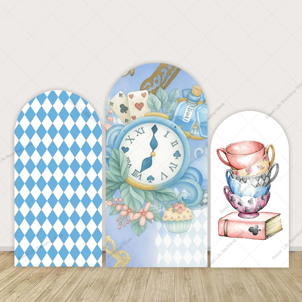 Cartoon Princess Arch Backdrop Cover Clock Poker Teacup Girl Birthday Party Decor Baby Shower Photo Background Arched