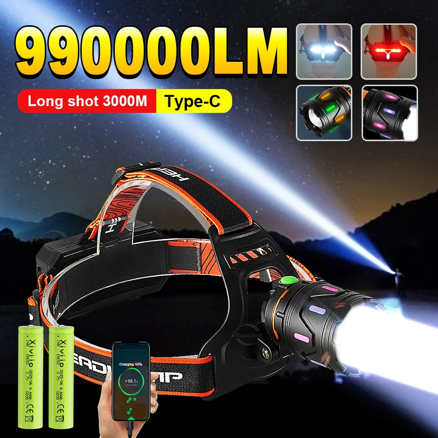 

990000LM High Power LED Headlamp Rechargeable Zoom Headlamp 3 Mode Strong Light Long Range 3000m Head Lamps with Fluorescent