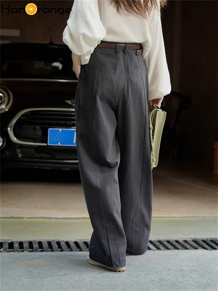 HanOrange 2024 Spring Simple High Waist Wide Leg Pants Women Pure Cotton Comfortable Breathable Trousers White/Dark Gray