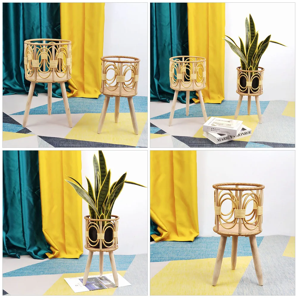

2Pcs Woven Bamboo Plant Basket on Wooden Standing Legs Practical Plant Pot Rack for Home Office Garden Indoor Outdoor Use