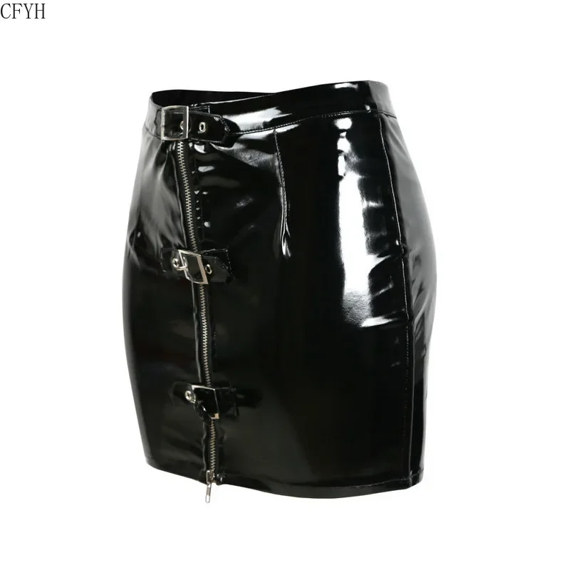 Women Sexy Zip Up Buckled Wet Look PVC Slim Pencil Skirt Clubwear