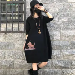 Fashion O-Neck Pockets Loose Printed Cartoon Casual Dresses Women Clothing 2024 Spring New Oversized Commuter Midi Dress