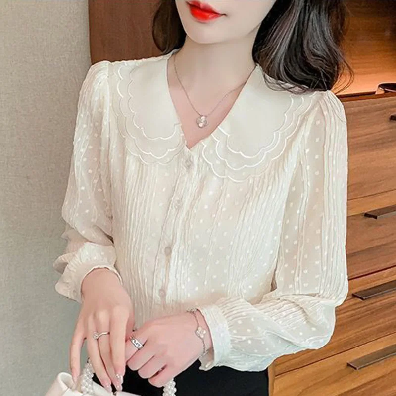 Sweet Peter Pan Collar Spliced Loose Ruffles Shirt Female Clothing 2023 Autumn New Casual Tops Solid Color Office Lady Blouse