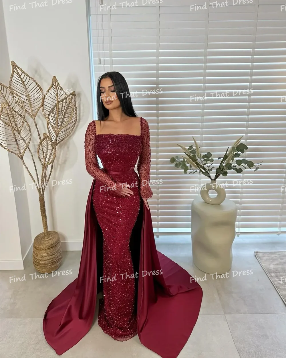 العرف الحديثة ساحة طوق مطوي مثير حورية البحر ثوب مسائي عارية الذراعين الترتر فستان عربي سعودي مع قطار للانفصال #6