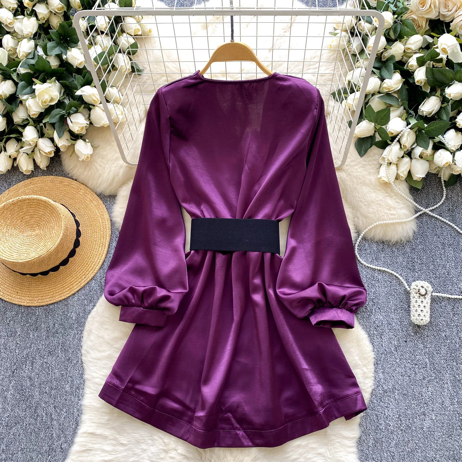 Chique sexy elegante satijnen V-hals ruches met lange mouwen A-lijn fee herfst vestidos deel dameskleding