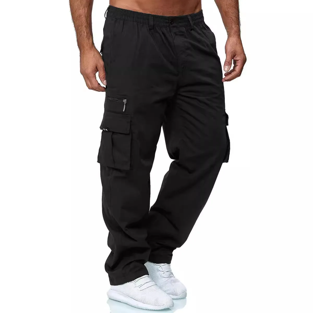 Men's Solid Color Straight Sports Pants Drawstring Loose Cargo Pants Full Length High Waist