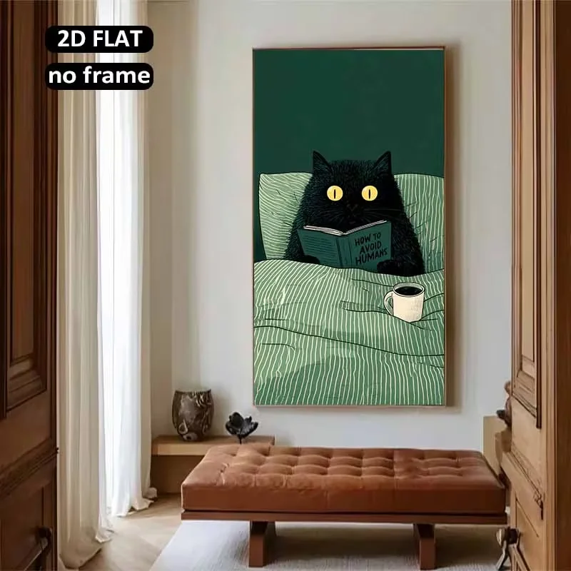 2D Flat, 1pc Large Wall Canvas - Cat Reading 