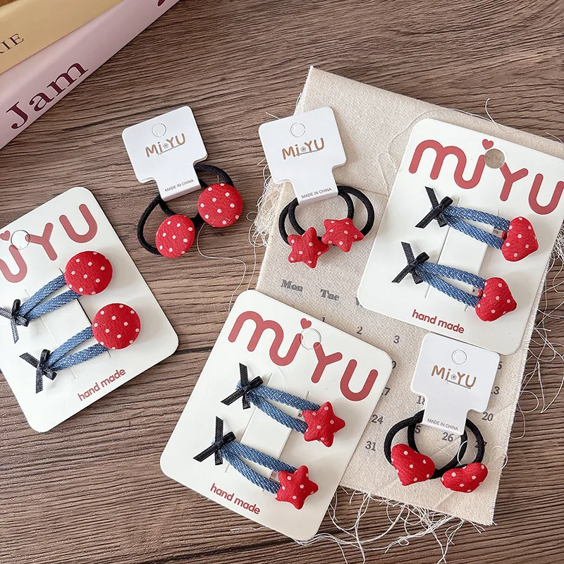 Korean Red Heart Hair Clips & Scrunchies Set 3