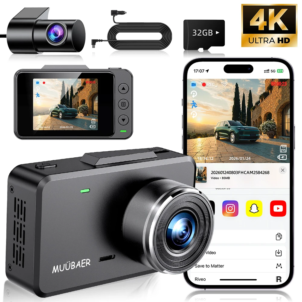 

Мини-видеорегистратор 4K, запись спереди и сзади, 2-дюймовый IPS-экран, встроенный Wi-Fi, камера заднего вида, ночное видение, WDR, циклическая запись, карта памяти 32 ГБ