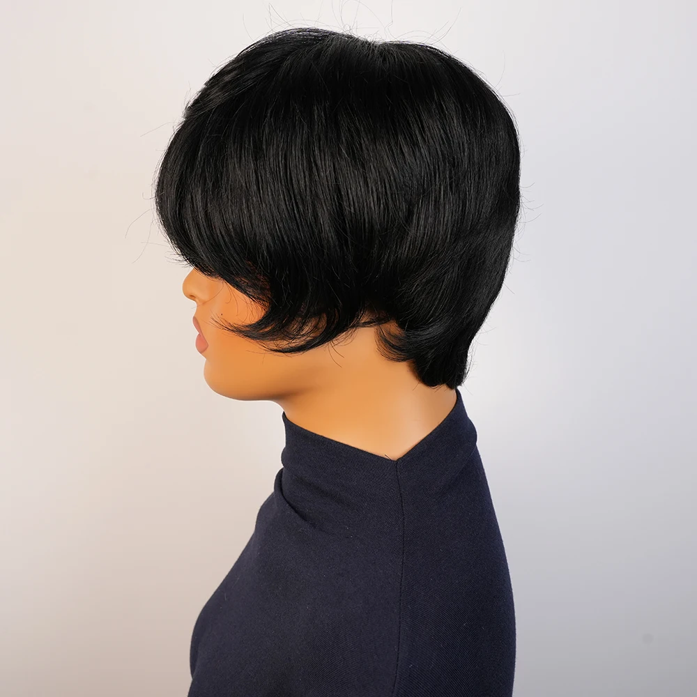 짧은 스트레이트 인모 가발 브라질리언 픽시컷 앞머리 포함 프리컷 레미 헤어 기계 제작 풀 가발 흑인 여성용 일상 착용