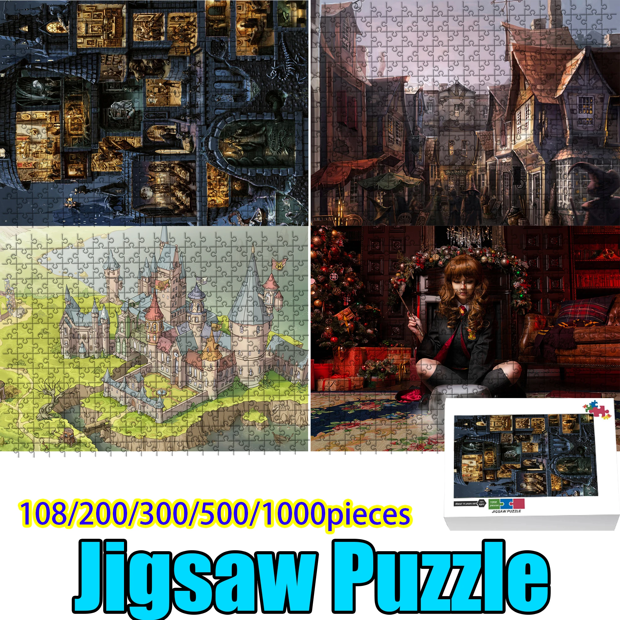 Rompecabezas de Madera de 108/200/300/500/1000 Piezas, Rompecabezas del Castillo de Hogwarts y el Calle Diagon, Arte del Mundo Mágico de Harry Potter para Fanáticos