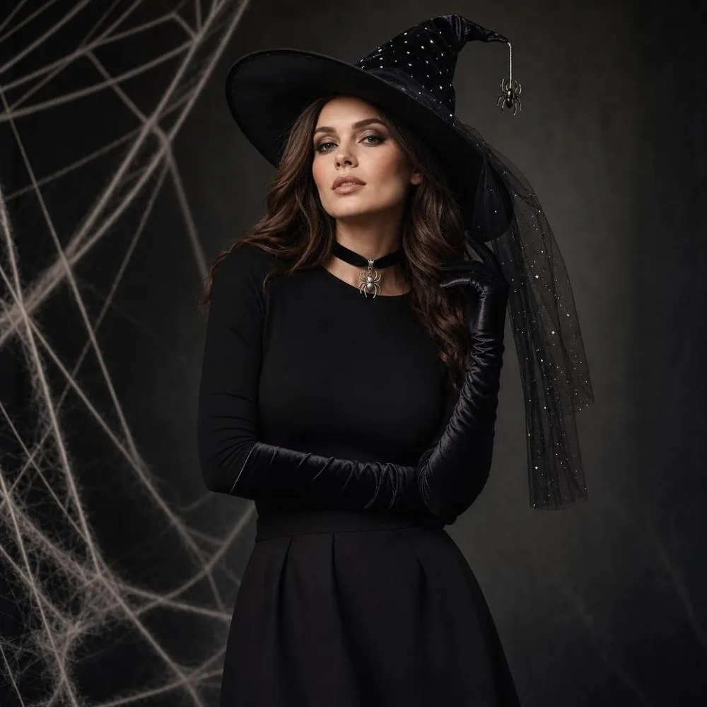3/4pcs Gothic Style Pleated Witch Costume Curved Brim Mesh Shiny Witch Hat Gloves Spider Halloween Cosplay Outfit Fantasy