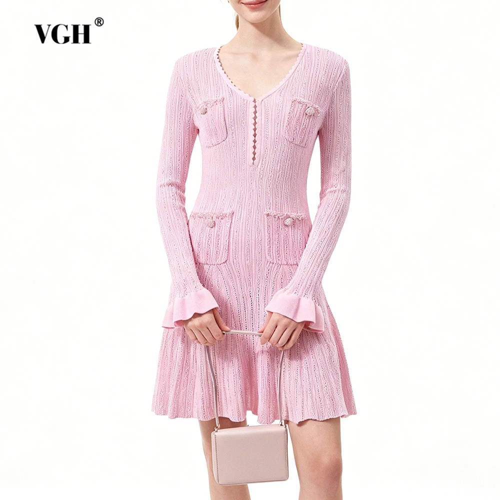 

VGH Sweet Solid Slim Short Dresses For Women V Neck Long Sleeve High Waist Spring Temperament Spliced Button Chic Dress Female