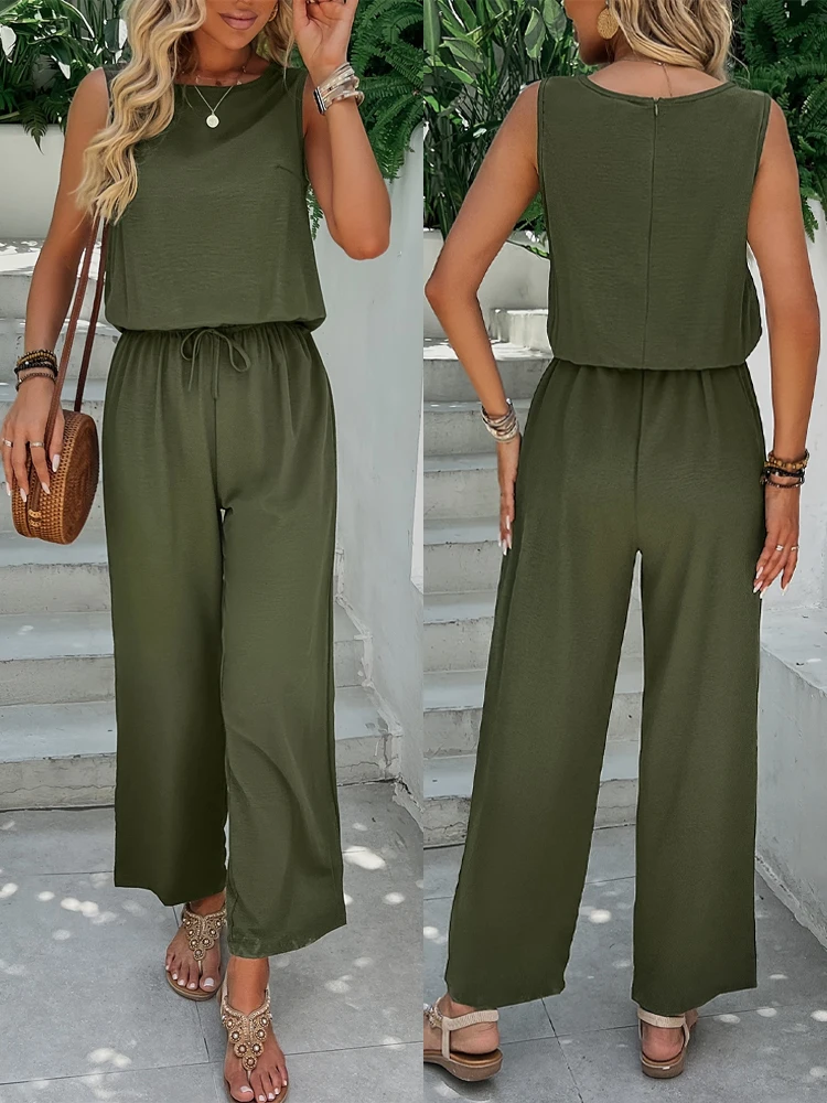 

Модный женский оливково-зеленый комбинезон без рукавов, круглый вырез, кулиска на талии, широкие укороченные брюки, свободные и повседневные Холи.