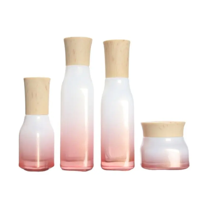 

Mist Spray Lotion Pump Bottle Empty 40/100/120ML Gradient Pink Cosmetic Plug Bottle False Wood Plastic Lid 50g Glass Cream Jar