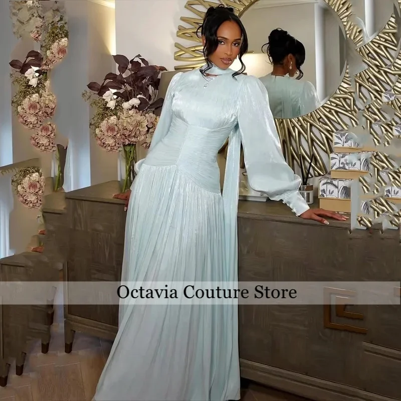 

Verngo Light Blue Shiny Chiffon Evening Dress O Neck Full Sleeves A Line Formal Occasion Dress Modest Prom Gowns Customized