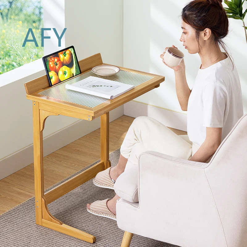 Bamboo Sofa Side Table for Modern Living Room Glass Top Coffee Table for Minimalist Bedroom Anti-Collision Bedside Table