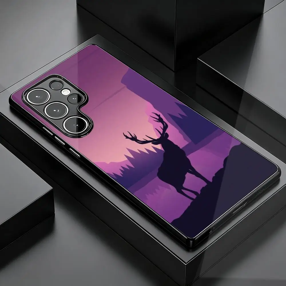 Electroplated Black Edge Glass Phone Case For Samsung Galaxy S26S25S24 Ultra Plus Purple Gradient Mountain Deer Silhouette Print