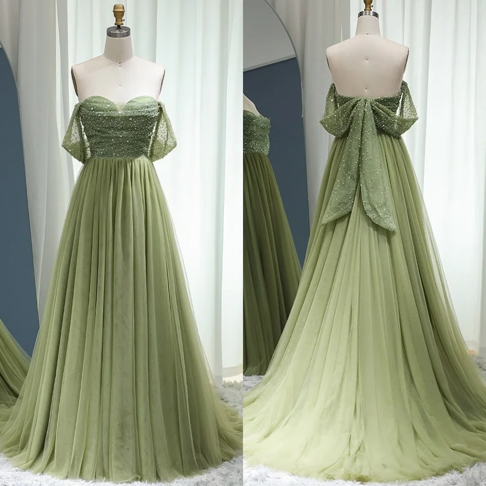 

Customized Modern Style Chiffon Sequined Pleat A-line Off-the-shoulder Long Dresses Bespoke Occasion Sparkle
