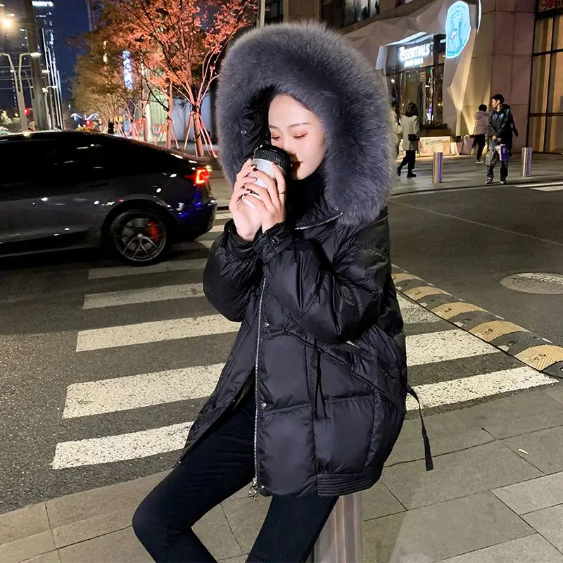 

2023 New Women Down Cotton Coat Winter Jacket Female Mid Length Version Parkas Loose Thick Outwear Fur Collar Hooded Overcoat