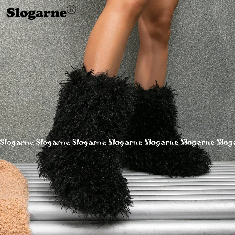 New Winter Boots Furry Shoes Women Teddy Fur Snow Boots Fluffy Warm Faux Wool Boot Plush Fashion Boots Ladies Mongolian Fur Boot