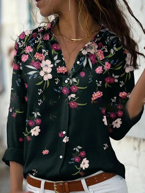 Camisa de manga larga con solapa cómoda para mujer, patrón de plantas Simple, nuevo estilo, Otoño, 2024