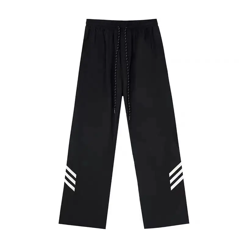 American Trendy Vintage Summer Loose Sports Wide Leg Pants Men Pocket Striped Elastic Wait Drawstring Casual Straight Trousers