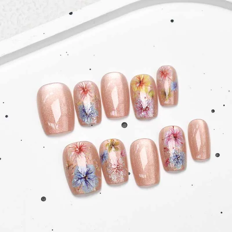 10 pièces doux Style féerique Dopamine crème fleur Nail Art presse sur les ongles amande Patch pour ongles oeil de chat tranches d'ongles faux ongles Art